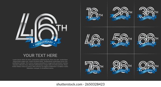 Anniversary logo set with double line number style. silver color with blue ribbon can be use for special moment