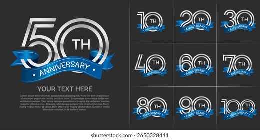 Logotipo del aniversario fijado con el estilo doble del número de la línea. color plateado con la cinta azul se puede utilizar para el momento especial
