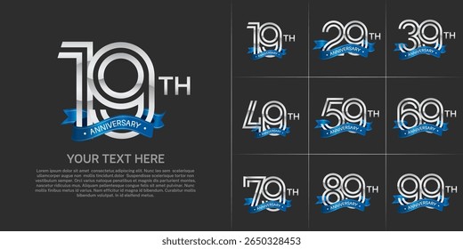 Anniversary logo set with double line number style. silver color with blue ribbon can be use for special moment