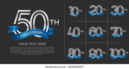 Anniversary logo set with double line number style. silver color with blue ribbon can be use for special moment