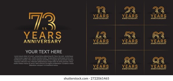Anniversary logo set with double line number style. golden color can be use for special moment