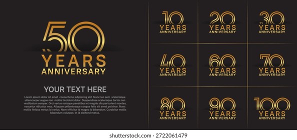 Logotipo de aniversário definido com estilo de número de linha dupla. cor dourada pode ser usada para momento especial