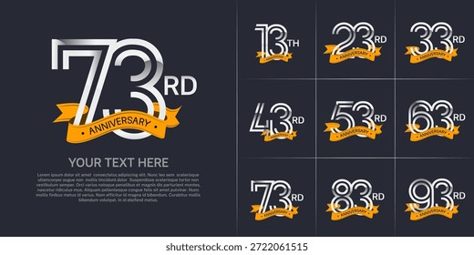 Anniversary logo set with double line number style. silver color with yellow ribbon can be use for special moment