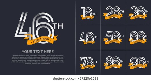Anniversary logo set with double line number style. silver color with yellow ribbon can be use for special moment