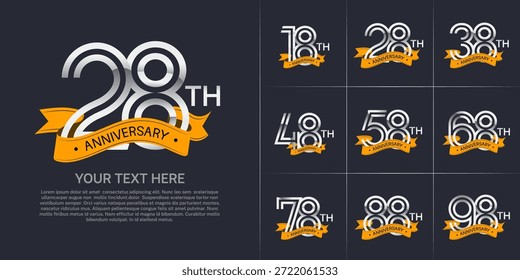 Anniversary logo set with double line number style. silver color with yellow ribbon can be use for special moment