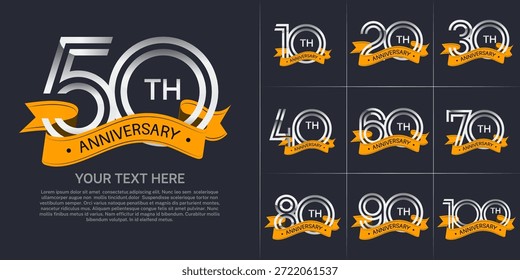 Logotipo del aniversario fijado con el estilo doble del número de la línea. color plateado con la cinta amarilla se puede utilizar para el momento especial