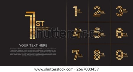 Anniversary logo set with double line number style. golden color can be use for special moment