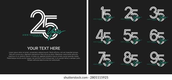 anniversary logo set with handwriting. white and green color on black background for celebration moment