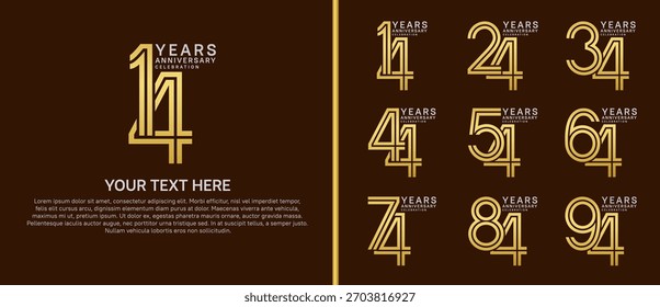 Jubiläums-Logo-Set mehrzeiligen Stil. goldene und silberne Farbe auf braunem Hintergrund für Feierlichkeiten