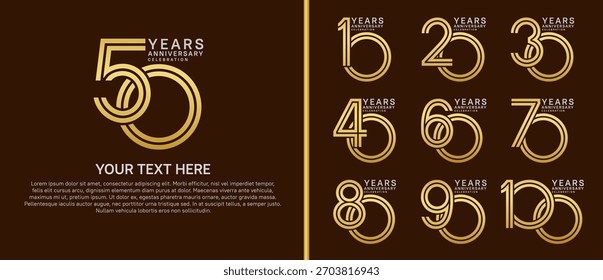 Estilo de línea múltiple del logotipo del aniversario. color oro y plata en el fondo marrón para el momento de la celebración