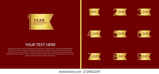 logotipo de aniversário definido com forma de fita. cor de ouro no fundo vermelho para o momento de celebração