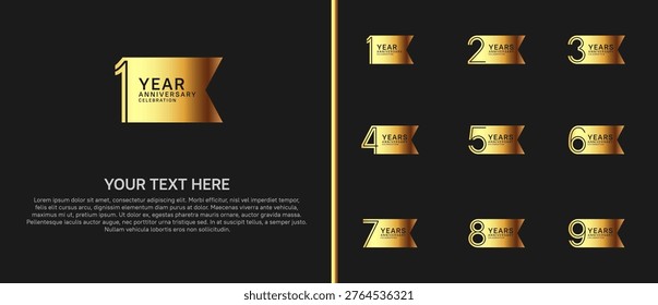anniversary logo set with ribbon shape. golden color on black background for celebration moment
