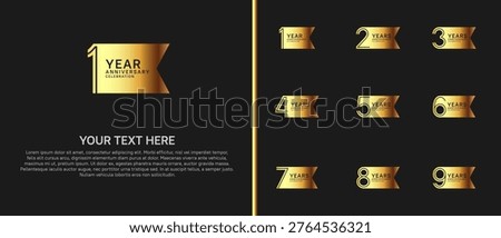 anniversary logo set with ribbon shape. golden color on black background for celebration moment