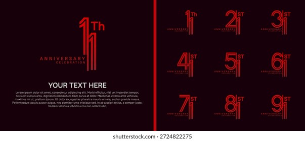 Logo de aniversario con estilo dividido. color rojo sobre fondo púrpura para el momento de la celebración