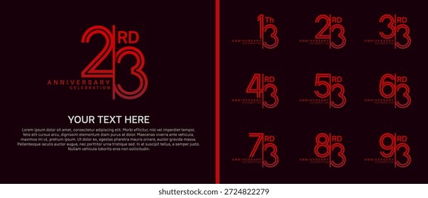 Logo de aniversario con estilo dividido. color rojo sobre fondo púrpura para el momento de la celebración