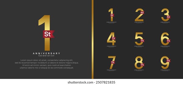 anniversary logo set. vector design gold color with red ribbon can be use for celebration event