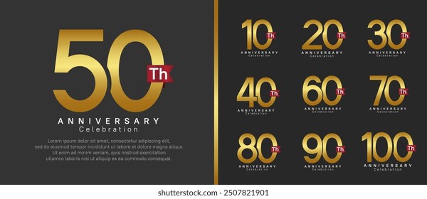 anniversary logo set. vector design gold color with red ribbon can be use for celebration event