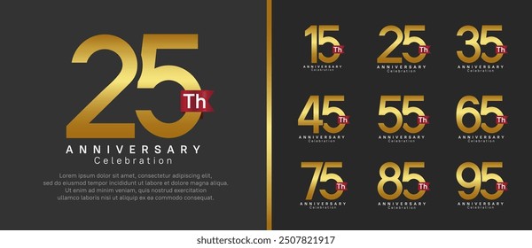 anniversary logo set. vector design gold color with red ribbon can be use for celebration event
