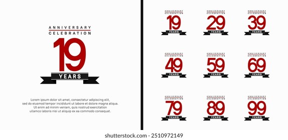 anniversary logo set. vector design with red color and black ribbon can be use for celebration