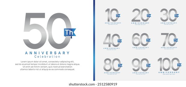 anniversary logo set. vector design silver color with blue ribbon can be use for celebration event