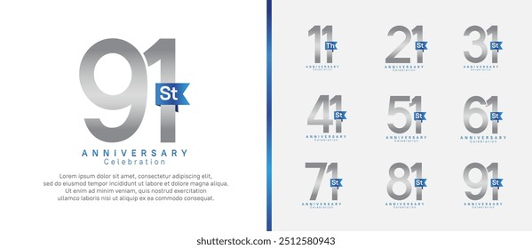 anniversary logo set. vector design silver color with blue ribbon can be use for celebration event