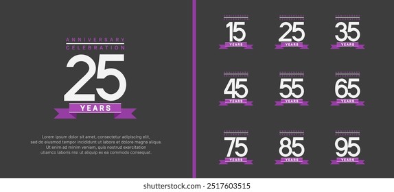 anniversary logo set. vector design with white color and purple ribbon can be use for celebration