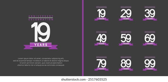 anniversary logo set. vector design with white color and purple ribbon can be use for celebration