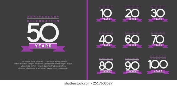 anniversary logo set. vector design with white color and purple ribbon can be use for celebration