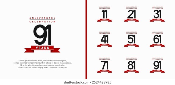conjunto de logotipo de aniversário. design vetorial com cor preta e fita vermelha pode ser usado para celebração
