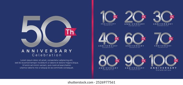 conjunto de logotipo de aniversário. cor prateada do projeto do vetor com fita rosa pode usar-se para o evento da celebração