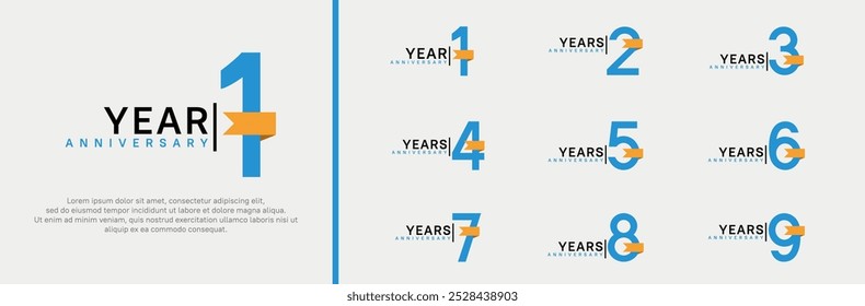 anniversary logo set. vector design blue color and orange ribbon can be use for celebration event