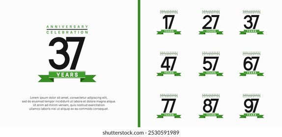 Jubiläums-Logo-Set. Vektordesign mit schwarzer Farbe und grünem Band kann zum Feiern verwendet werden