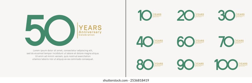 Conjunto de logotipo de aniversario. El color verde y dorado del diseño del Vector se puede utilizar para el momento especial