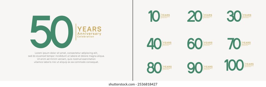 Jubiläums-Logo-Set. Vektordesign grün und goldene Farbe kann für besonderen Moment verwendet werden