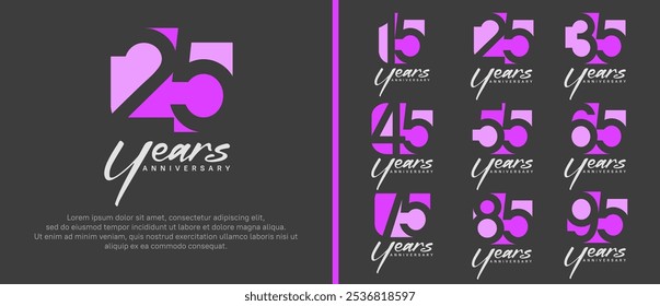 Jubiläums-Logo-Set. Vektordesign rosa und lila Farbe kann für Feierlichkeiten verwendet werden