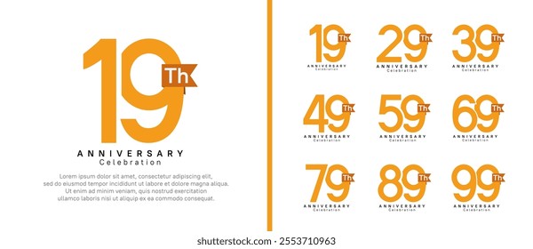 anniversary logo set. vector design orange color with brown ribbon can be use for celebration event