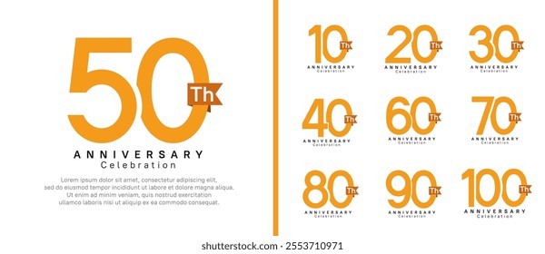 anniversary logo set. vector design orange color with brown ribbon can be use for celebration event