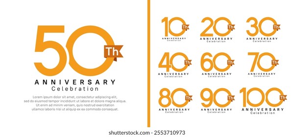 anniversary logo set. vector design orange color with brown ribbon can be use for celebration event
