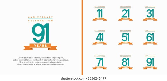 anniversary logo set. vector design with green color and orange ribbon can be use for celebration