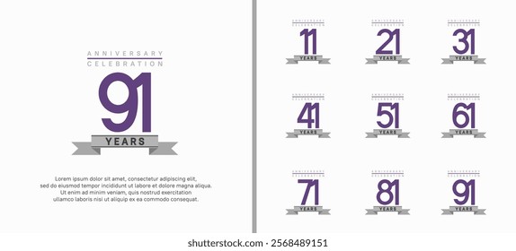 anniversary logo set. vector design with purple color and gray ribbon can be use for celebration