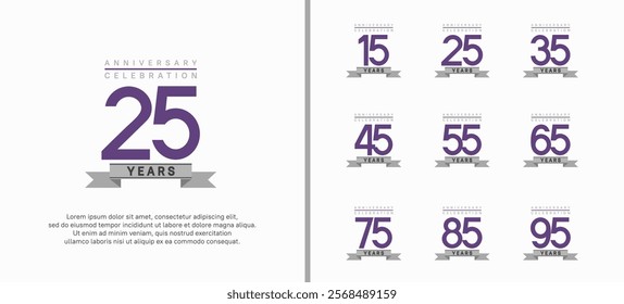 anniversary logo set. vector design with purple color and gray ribbon can be use for celebration