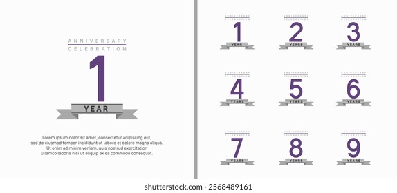 anniversary logo set. vector design with purple color and gray ribbon can be use for celebration