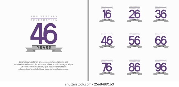 anniversary logo set. vector design with purple color and gray ribbon can be use for celebration