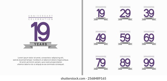 anniversary logo set. vector design with purple color and gray ribbon can be use for celebration