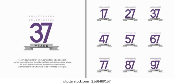 anniversary logo set. vector design with purple color and gray ribbon can be use for celebration