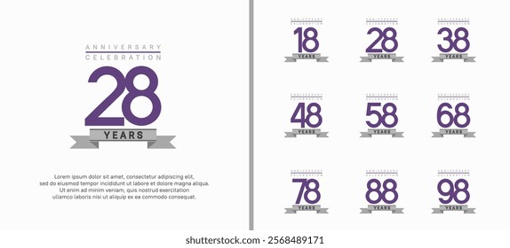 anniversary logo set. vector design with purple color and gray ribbon can be use for celebration