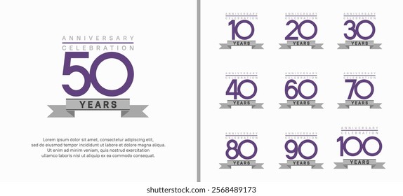 anniversary logo set. vector design with purple color and gray ribbon can be use for celebration