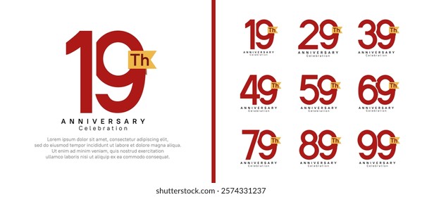 anniversary logo set. vector design red color with gold ribbon can be use for celebration event