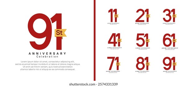 anniversary logo set. vector design red color with gold ribbon can be use for celebration event