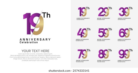 Anniversary logo set vector design, purple and gold color for celebration event